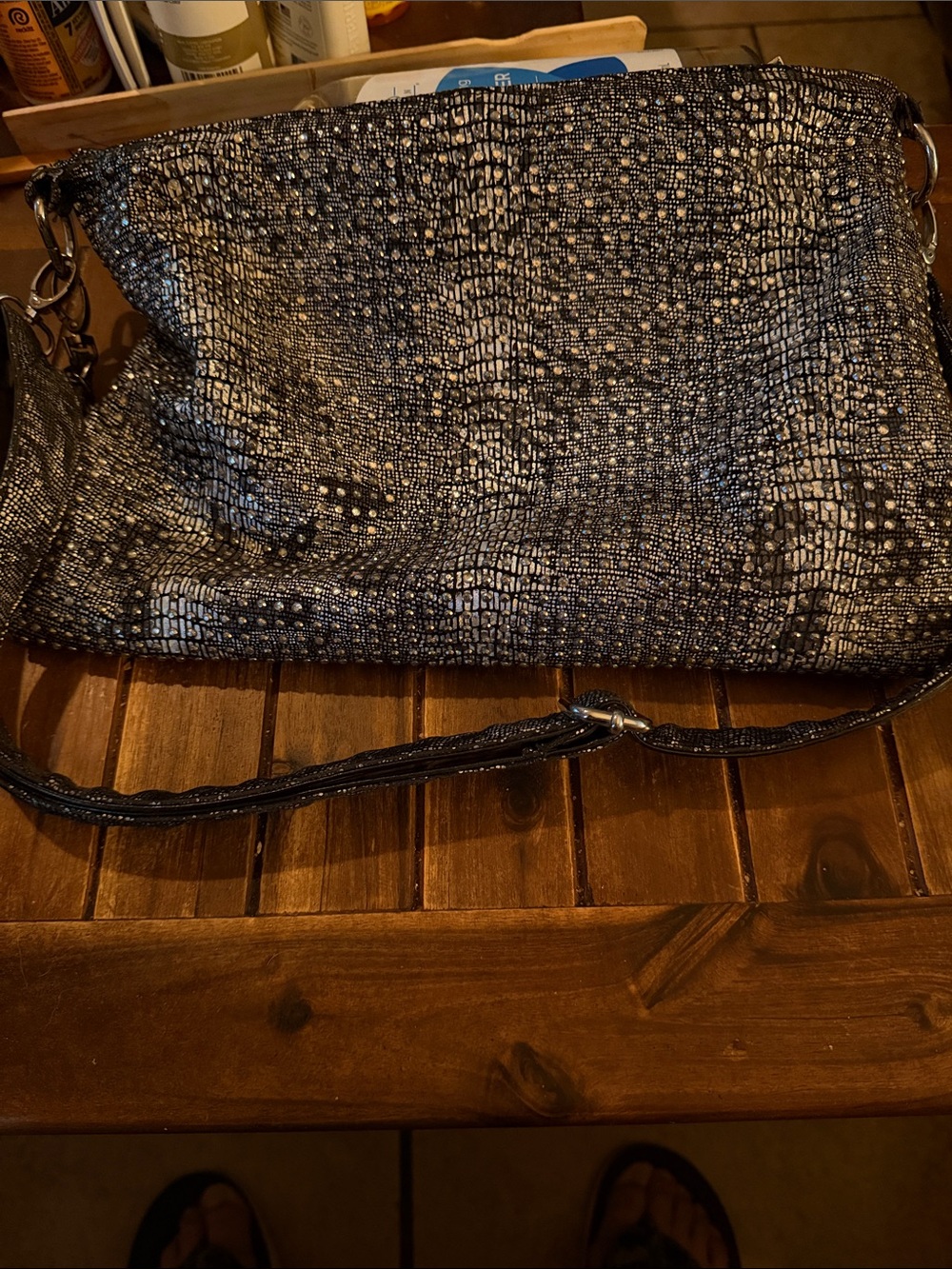 Metallic Black Textured Crossbody Bag - Women